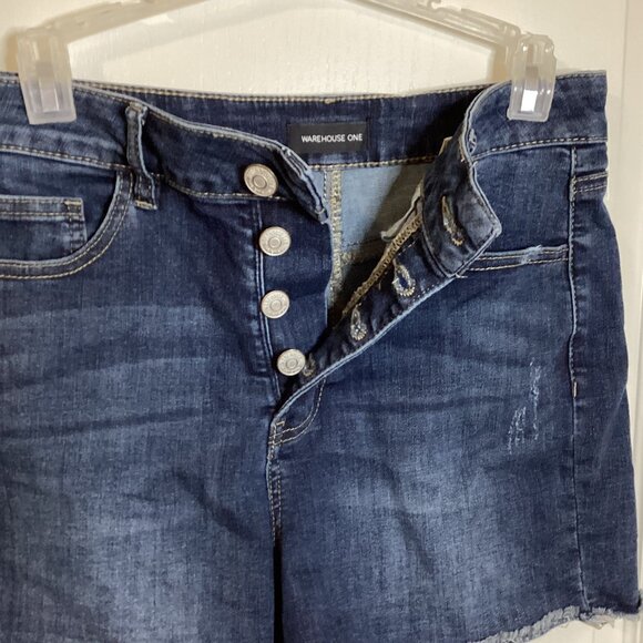 Warehouse One Women's Blue Denim Shorts Size 8 Raw Hem Button Fly - Picture 2 of 6